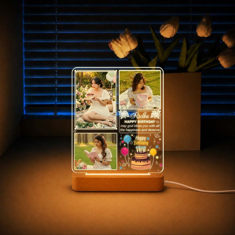 Personalized Photo Night Light with Wooden Base – Custom 3-Photo Acrylic LED Lamp with Name Birthday Gift for Her, Wife, Girlfriend, Daughter, Best Friend